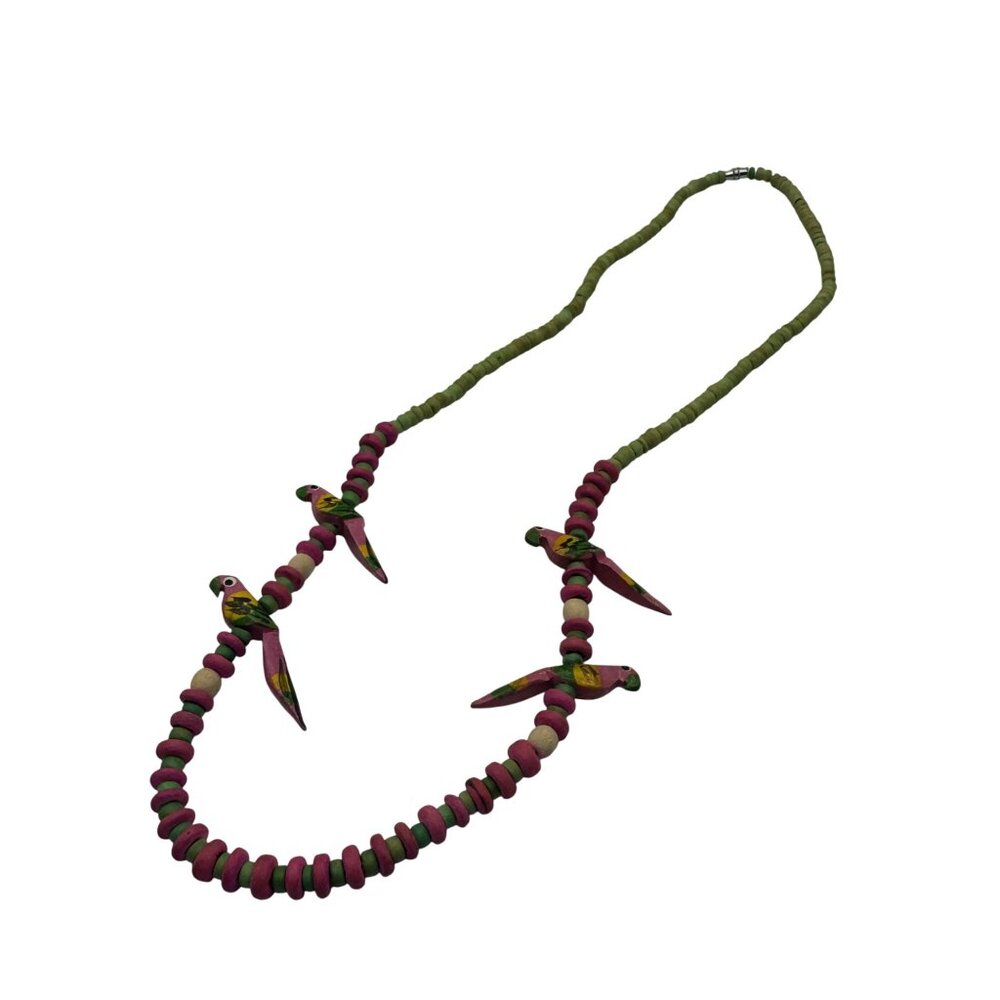 Hand Painted Wooden Beaded Necklace With Pink And Green Parrot Accents Long Leng
